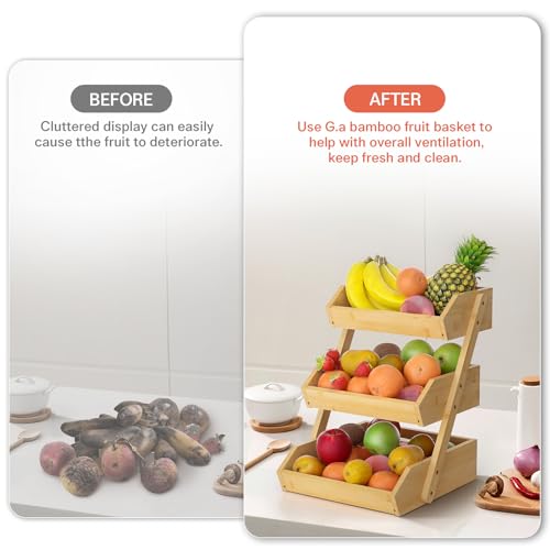 Image of G.a HOMEFAVOR Large Bamboo Fruit Basket, 3-Tier Fruit Bowl for Kitchen Counter, Vegetable Storage Stand for Fruit Shop, 15 mm Thickness (Self-assembly)