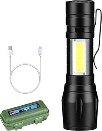 K D Enterprise - Metal Flashlight Torch with Built in Battery and USB Cable , Black, Pack of 1 LED Flashlight, 1 Micro-USB Charging Cable, 1 Storage Box