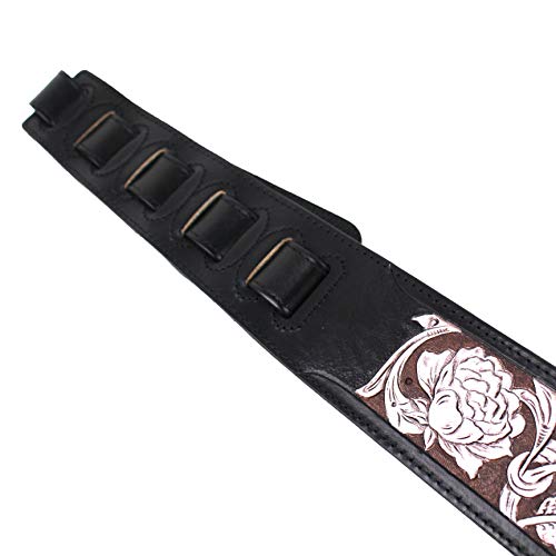 Walker And Williams Lhr-17-Sil Handmade Premium Black Carved Leather Guitar Strap With Silver On Bourbon Brown Western Floral Carving For Acoustic, Electric, And Bass Guitars #TOP6