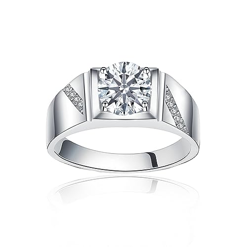 Moissanite Rings for Men 1 Carats 6.5mm Solitaire Diamond Wedding Sterling Silver with 18K White Gold Plated D Color VVS1 Clarity Brilliant Round Cut Moissanite Wedding Engagement Anniversary