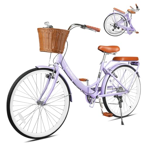 kaiwrxin 26 Inch Folding Beach Cruiser Bike for Women, 7-Speed Ladies Bike with Basket & Rack, Perfect for City Commuting's Bicycle, Ideal for Women and Adults (Purple, 26