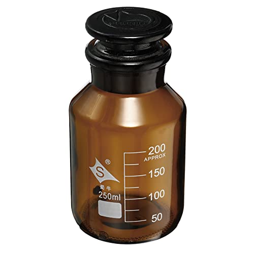 uxcell 250mL Reagent Media Bottle, 1Pcs Round 3.3 Borosilicate Glass Graduated Storage Bottle with Amber Cap for Chemistry Lab Universities Home, Amber