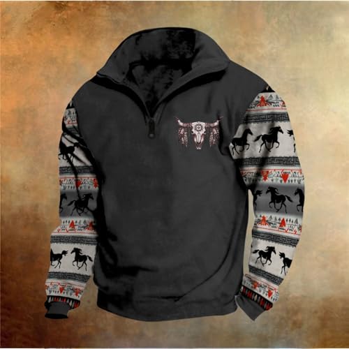 Mens Aztec Quarter Zip Sweatshirt Western Ethnic Style Vintage Graphic Cow Skull Sweatshirt Cowboy Pullover2