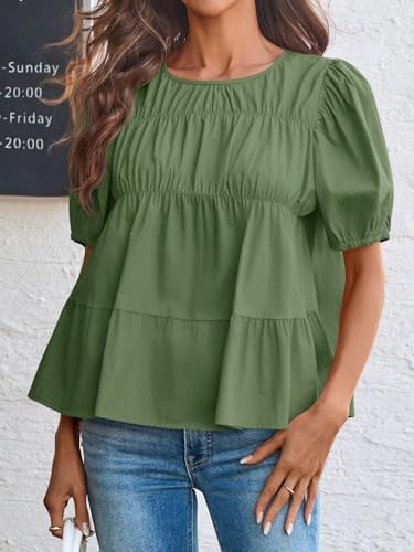 Image of Tankaneo Womens Puff Sleeve Peplum Babydoll Tops Summer Flowy Pleated Cotton T-Shirts Casual Loose Fit Cute Blouse
