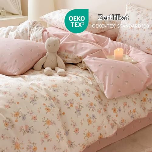 Freyamy Blumen Bettwäsche 200x200cm 3teilig Rosa Creme Bettwäsche-Set – Ansicht 3