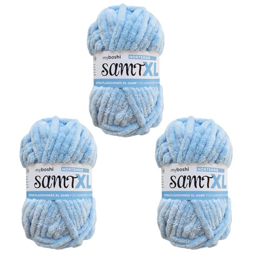 myboshi Terciopelo XL, suave hilo de chenilla extragrueso, súper grueso, para ganchillo y punto, ovillo XXL, 100 g, Ll 40 m, azul (hortensia), 3 ovillos