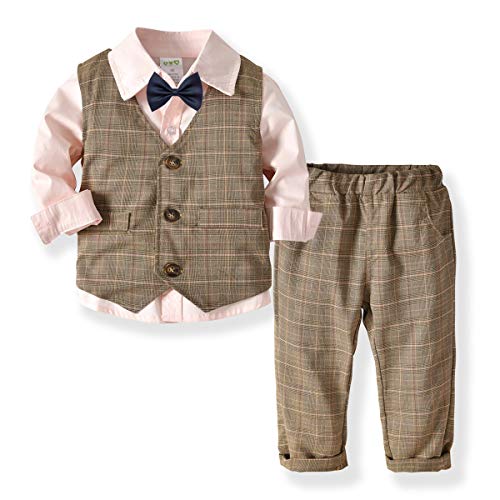 Little Boys Gentleman Formal Suit Set with Vest, Pant, Shirt, and Bow Tie,Baby Boys Long Sleeve Wear Weding 4Pcs Outfit (Pink, 120/5-6T)