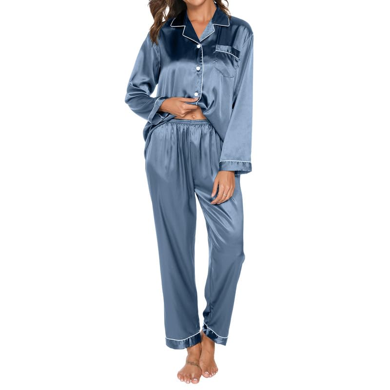TeJoyce Damen Satin Schlafanzug Lang, Zweiteiliger Pyjama Frauen, Set Langarm mit Knöpfen und Passende Schlafhose, Luxus und Elegante Seidenpyjama...