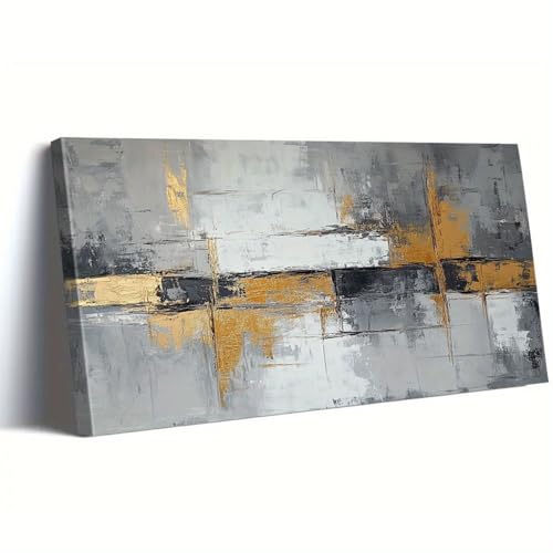 Tableau abstrait contemporain noir et blanc lignes dorées AEFOUU 55x110cm