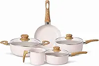 Jogo de Panelas 5 Peças Revestimento Antiaderente Tipo Granito Cerâmico Tampas Vidro Temperado Cabos Amadeirados Cozinha Doméstica (Creme)