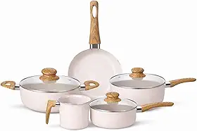 Jogo de Panelas 5 Peças Revestimento Antiaderente Tipo Granito Cerâmico Tampas Vidro Temperado Cabos Amadeirados Cozinha Doméstica (Creme)