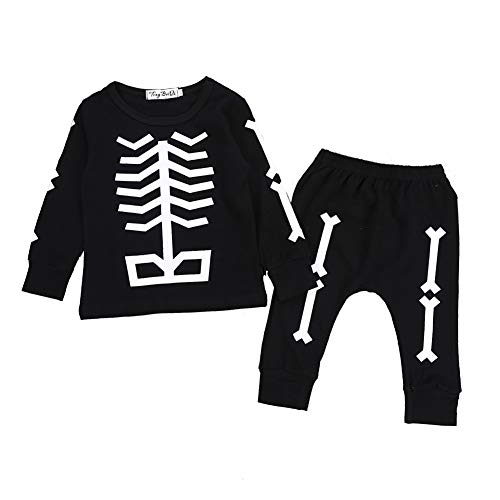 ggudd Niño Bebé Víspera de Todos Los Santos Cráneo Impreso Mangas Largas Camisa de Entrenamiento y Pantalones Niñeras Juegos de Ropa(Negro,1-2 años) Cover