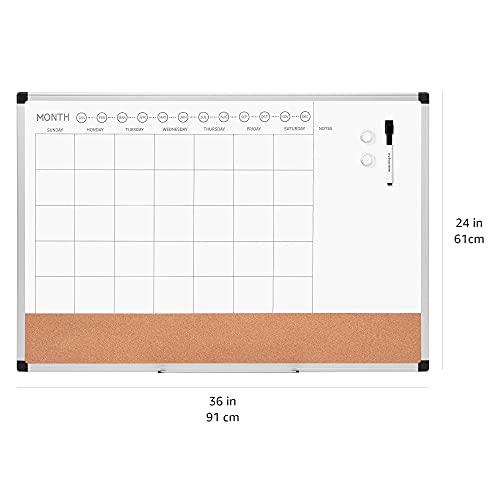 Amazon Basics Monthly Calendar Whiteboard Dry Erase And Cork Board, Silver Aluminium Frame, 24 X 36 Inches, White #TOP3