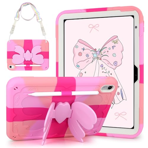 Coolden for iPad A16 Case 11th Generation Cases 2025 11 Inch for iPad 10th Generation Case for Kids Girls with Cute Butterfly Bow Stand Shoulder Strap Pencil Holder Rugged Protective Cover-Colorful