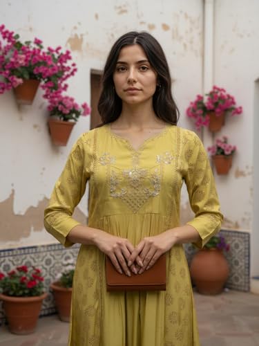 Image of rangita Mustard Poly Viscose Anarkali Embroidered Calf Length Kurta
