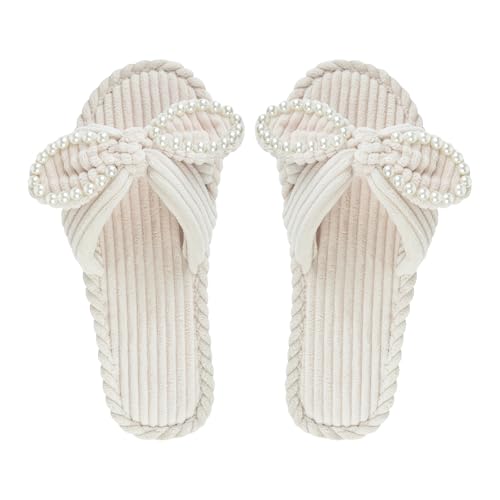 Women's Velvet Slippers Pearl Bow Open Toe Slide Corduroy Bedroom Shoes3