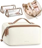 Prite 3 Pcs Trousse de Maquillage Voyage Femme avec 2 Poches en TPU, Beige