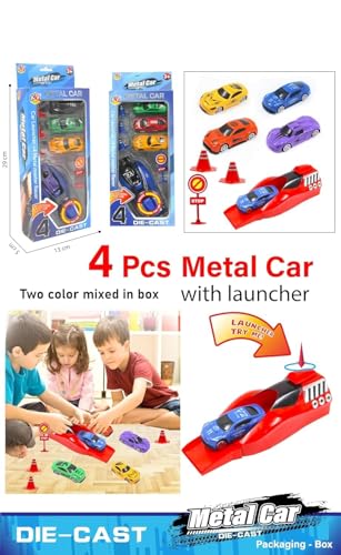 Image of Royals hub Big Size Rapid Launcher High Speed Car Set of 4PCS Die-Cast Metal Car Set Stunt Car Master Racer with High-Speed Launcher Includes 3 Road Blockers 1 Stopper Birthday Gift for Boys Girls 3+