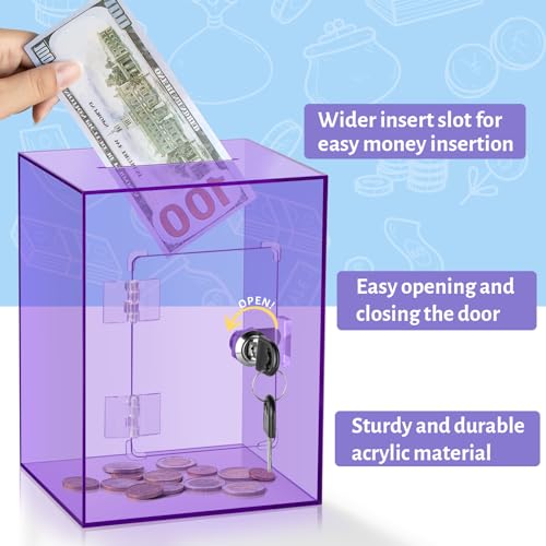 Image of Clear Piggy Bank for Adults Kids, Large Acrylic Piggy Bank Money Saving Box for Cash Saving with Key, Openable Clear Acrylic Savings Jar for Real Money (Purple)