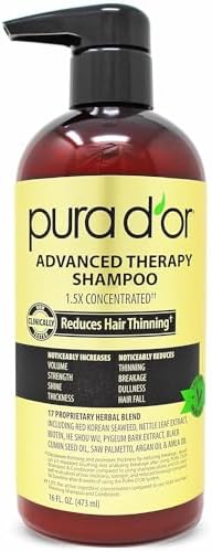 PURA D'OR 16 Oz Advanced Therapy Shampoo Reduces Hair Thinning & Increases Volume, No Sulfate, Biotin Shampoo Infused with Argan Oil, Aloe Vera for All Hair Types, Men & Women