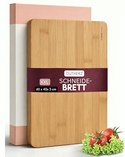 Tabla de cortar XXXL de bonito bambú, sin pintura ni barniz, 60 x 40 x 3 cm, grande y natural, reversible, tabla de madera maciza, duradera y apta para cuchillos, antibacteriana sin surcos de zumo