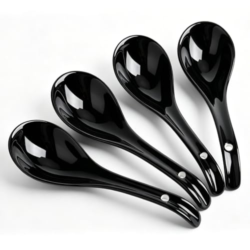 Image of DOWAN Soup Spoons, Ceramic Asian Soup Spoons, Black Japanese Spoon Large for Ramen Pho Wonton Dumpling Miso, Deep Oval Hook Design, Set of 4 (Black)