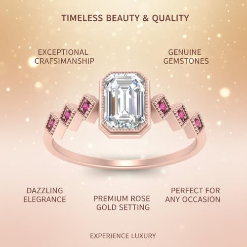 Image of Choose Your Gemstone Bezel Set Emerald Accented Diamond CZ Ring Rose Gold Plated Emerald Shape Side Stone Engagement Rings for Women, Girls and Ladies US Size 4 to 12