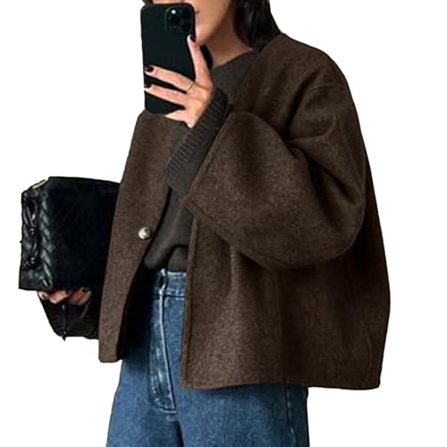 Image of HOTIAN Women Cropped Wool Blend Coats Long Sleeve Coat Jacket Peacoat Fall Winter Outwear Overcoat Brown