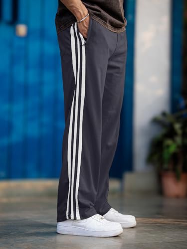 Image of Men's Track Pants with White Side Stripes | 4-Way Lycra Twill Polyester Straight Relaxed Fit Joggers | Mid-Rise Flexi Waist Lounge Bottoms