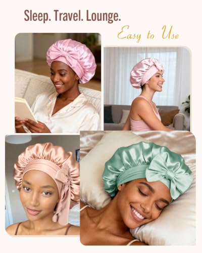 Image of BONNET QUEEN Double Layer Silk Bonnet for Sleeping for Women Satin Bonnet Night Cap for Curly Hair with Tie Band, Sage Green