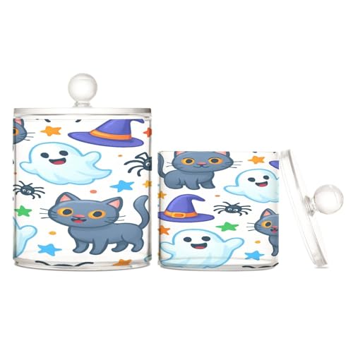 BOESI Bathroom Organizer Set of 2, Cotton Swab Caddy with Lid Dispenser, Cute Halloween Ghost and Cat