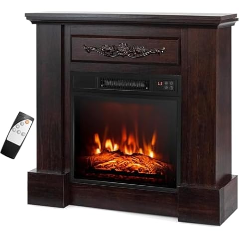 SIMOE 32" Electric Fireplace with Mantel,Package Freestanding Fireplace with Remote Control & Overheat Protection & Adjustable Flame,Indoor Fireplace Mantel for Living Room,Bedroom,Brown Cover