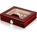 Volenx Desktop Cigar Humidor Case Glasstop Cigar Storage Box, Cherry Finish with Hygrometer and Humidifier Holds 25 Cigars