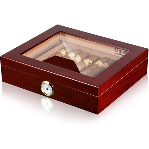 Cigar Humidor, Modern Glass Top Cedar Humidor Cigar Box with Digital Hygrometer, CigarDivider, Cedar Wood Lining up to 60-80pcs Cigars Large Humidor,Cigar Travel case-Case Elegance Cigar humidor