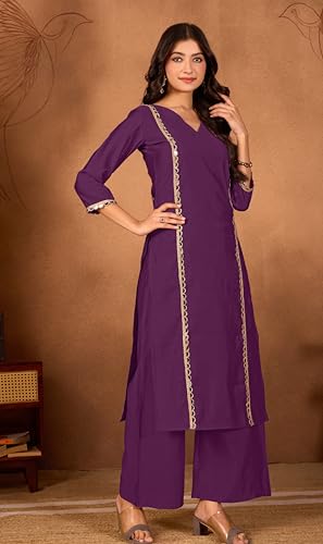 Image of Women Straight-Cut Kurta Pant Set with Subtle Golden Lace Embellishment | Elegant Ethnic Wear for Festive, Office & Casual Use