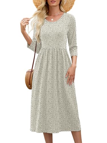 Image of Heymoments Women's Casual 3 /4 Sleeve Midi Dress Crewneck A Line Tiered Flowy Loose Travel Long Dresses with Pockets