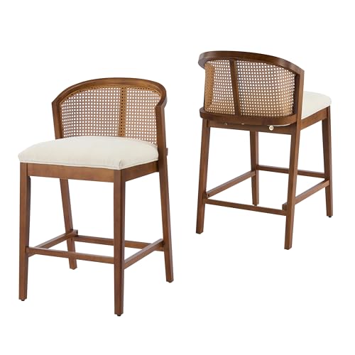 Christopher Knight Home JENA Rattan Counter Stools Set of 2, Counter Height Bar Stools for Bar Table, Rubberwood Frame with Upholstered Barstools, Wood Accent Chair with Footrest, Beige + Walnut by Christopher Knight Home - Used condition - Image 7