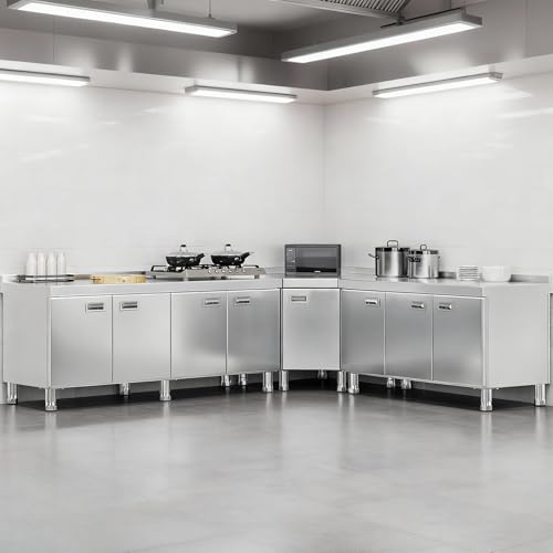 Image of KINGBO Stainless Steel Corner Cabinet Heavy Duty Prep Table with 304 Stainless Steel Worktop Commercial Worktable Workbench with Storage Cabinet for Kitchen Garage Restaurant Outdoor