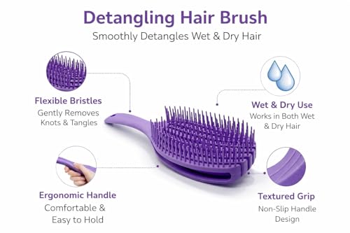 Image of Bold n Beautiful Premium TPEE Material Hair Detangler Comb for Wet & Dry Hairs | Flexible Soft Tip Scalp-Friendly Detangling Brush with Anti-Slip Ergonomic Handle (Purple)