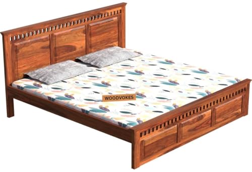 Image of Sheesham Wood Bed Without Storage Solid Wooden Cot Bed Elegant and Functional Bedroom Living Room Home(Honey, Queen)