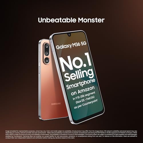 Image of Samsung Galaxy M36 5G Mobile (Orange Haze, 6GB RAM, 128GB Storage) | Google Gemini | Without Charger Care Services Damage Protection Plan for 1 Year