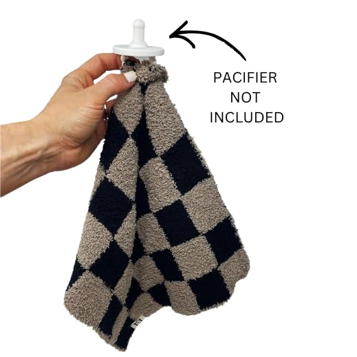 Image of L+L USA Checkered Baby Lovey Pacifier /Teether Holder 10 inchx10 inch - DreamSoft Plush Fluffy Cuddly Soothie Reversible Mini Comfort Blanket - Cute Newborn Gift Essential for Babies Boys Girls (Black /Brown)