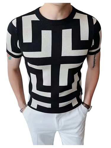 Verdusa Men's Colorblock Geo Lightweight Sweaters Short Sleeve Slim Fit Pullover Knit Tops