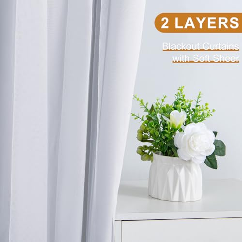 Image of DWCN White Blackout Curtains with Sheer Overlay with Tiebacks 84 Inch Long
