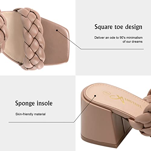 Athlefit Women's Braided Heeled Sandals Strappy Square Open Toe Heels Backless Mules Slip On Block Heels4