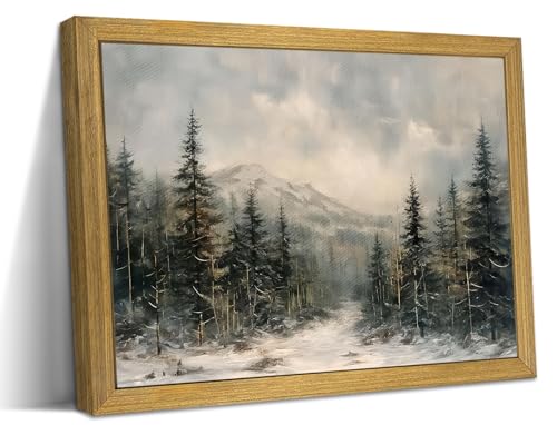 Framed Vintage Wall Art, Forest Landscape Canvas Wall Decor, Winter Pine Tree Poster Print Picture, Christmas Decor Painting for Living Room Bathroom Kitchen Home Decor 8x10 Inch