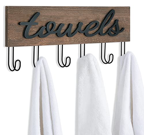 Mkono Towel Holder Wall Mounted Towel Rack Bathroom Decor Rustic Wood Towel Hooks to Hang Towels Bathroom Robe Coat Clothing, Bath Towel Hanger Storage Home Decor Organizer, Medium