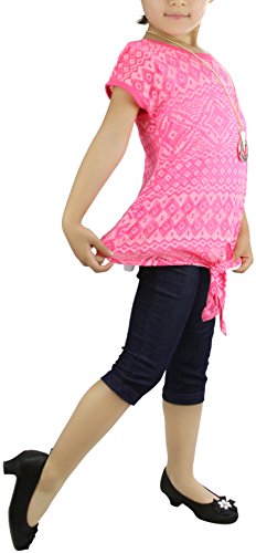Image of ToBeInStyle Girl's 2 Piece Outfit Layered Top & Capri Jeggings Set Casual Denim Look Leggings