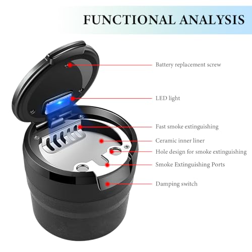 Image of Car Ashtray with Lid, Detachable Smokeless Steel Ash Tray with LED Light for Car Cup Holder Air Vent, Mini Portable Ashtray Universal for Most Vehicle Interior, Home, Office (Black)