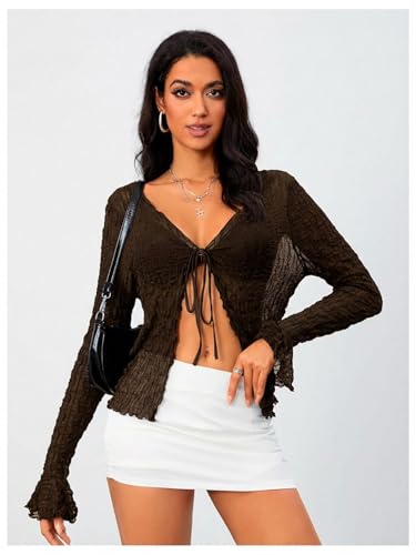 Image of Milumia Women's Y2K Textured Mesh Cardigan Shrug Tie Front Tops | Lettuce Trim , Long Sleeve, Open Front, Sheer, Flared, Club Party, Going Out, Rave, Cover Ups